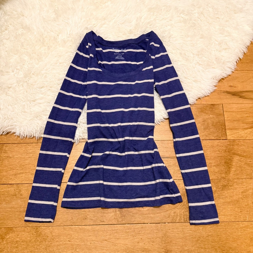 American Eagle Striped Long Sleeve Scoop Neck Tee Purple White Womens Small S